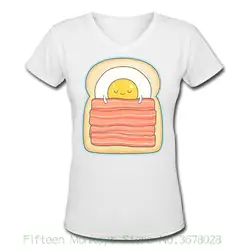Для женщин футболка спальный мультфильм Бэкон сэндвич милые Еда Для женщин футболка О-образным вырезом белый женский Повседневное хип-хоп