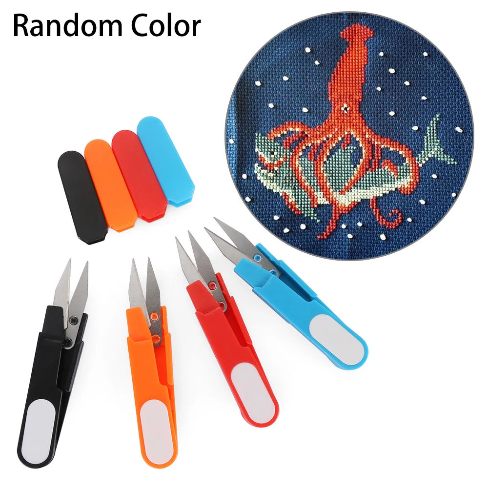 

New U Shape Cross Stitch Sewing Scissors Tailors Thread Cutter Plastic Handle Safety Cover Embroidery Portable Needle DIY Crafts