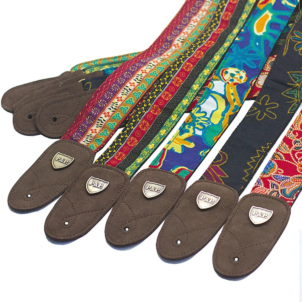

New StyleGuitar Shoulder Strap Leather embroidery folk silk cotton guitar strap for Acoustic Folk Classic Electric Guitars Bass