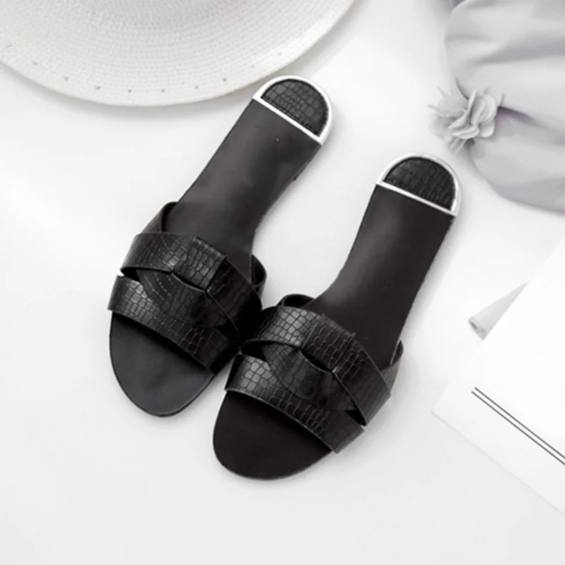 Women Slippers Slides Outdoor Ladies Flats Pu Leather Comfy Chic Soft Casual Elegant Summer Woman Fashion Shoes - Цвет: black