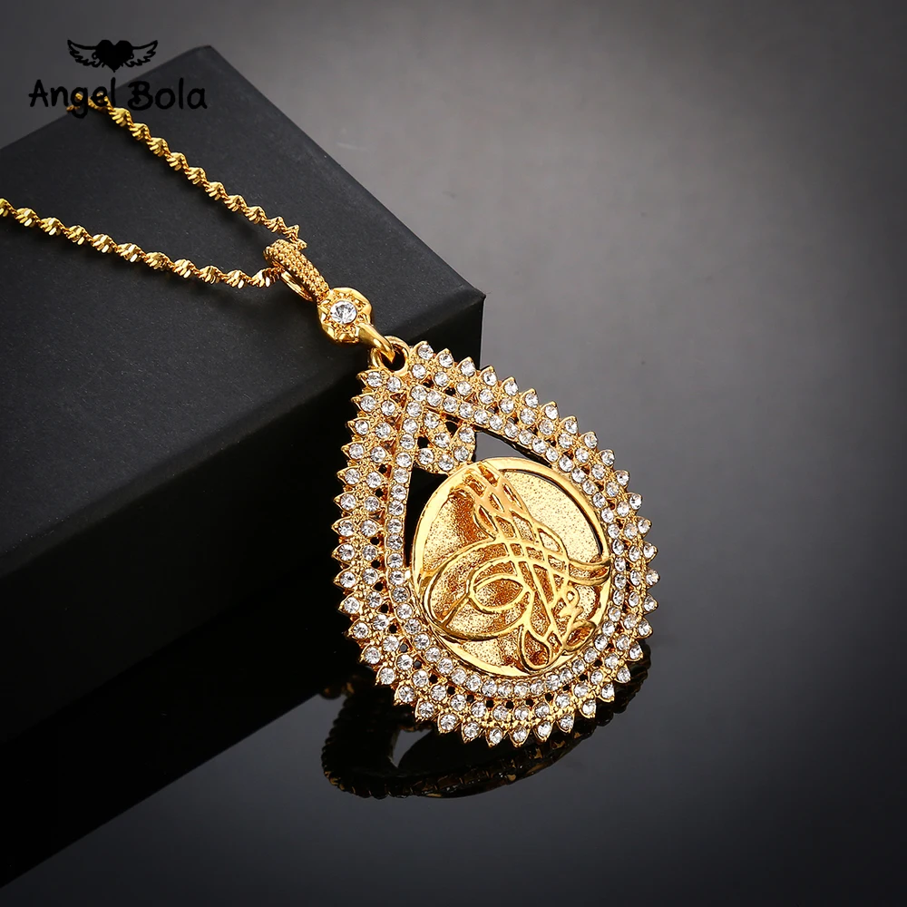 Металлические Монеты мусульманских Ислам ожерелье Аллаха для островов Теркс золото Цвет арабских кулон Ближний Восток Дубай ювелирные изделия Стразы турецкий для Для женщин