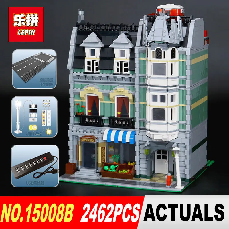 

LEPIN 15008B 2462Pcs Modular Creators Buildings Green Grocer Bricks Kits Assembled DIY gift Compatible 10185 With LED