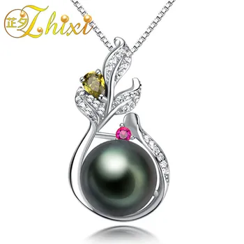 

[ZHIXI] Fine Pearl Jewelry 925 Sterling Silver 9-10mm Tahitian Black Pearl Necklace Pendant Natural Stone Pendant For Women TH02