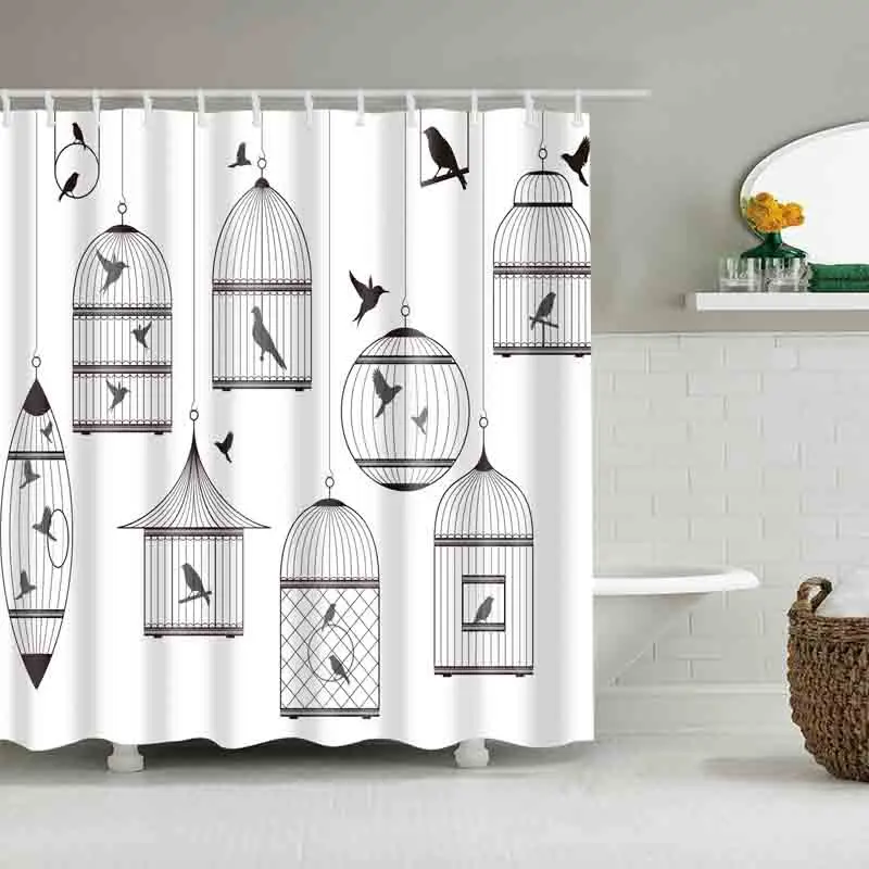 Waterproof Shower Curtain With Hook black white bird Cage Bathroom