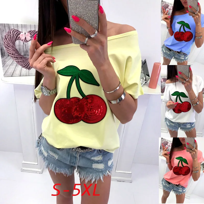 

2019 style sexy cherry print slash neck sequined woman t-shirt sheath slim new female hot sale short sleeve t-shirt