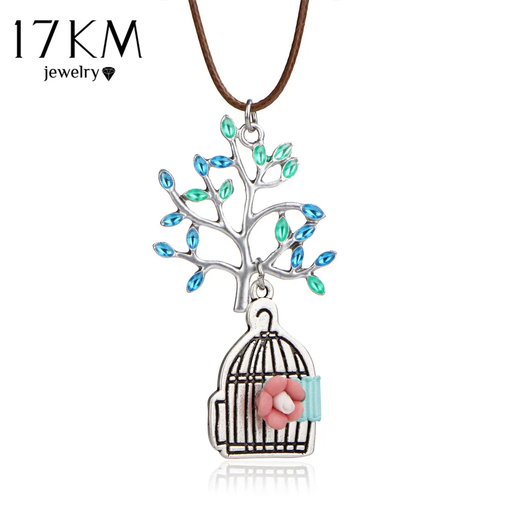 17 KM 2017 DIY Flor Da Árvore Birdcage Pingente Chian Corda Bonito Declaração de Colares Para Meninas Do Vintage Longo Colar de Jóias Mulheres