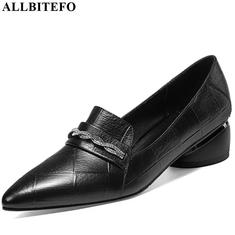 ALLBITEFO/туфли-лодочки со стразами; офисные женские туфли из натуральной кожи на высоком каблуке для девушек; брендовая повседневная обувь на высоком каблуке; сезон весна-осень