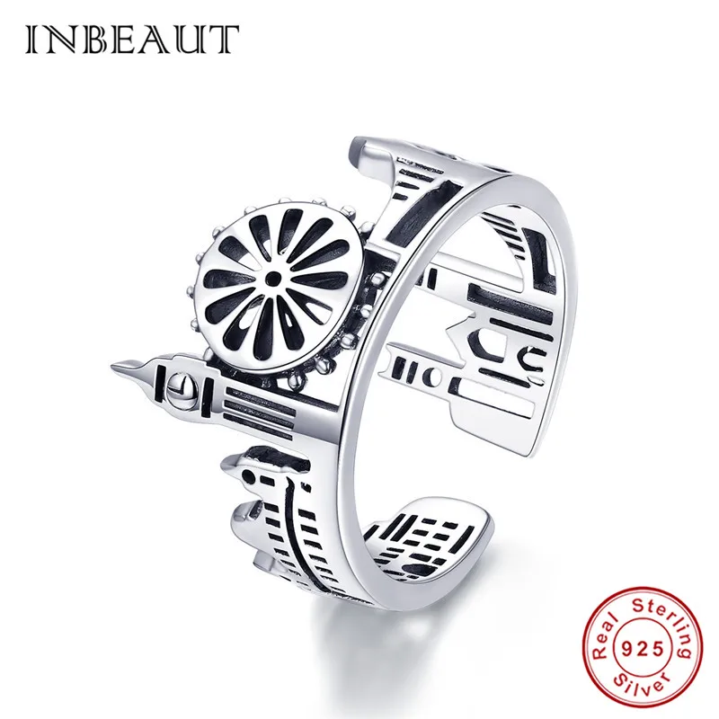 

INBEAUT 100% Real 925 Sterling Sliver Bridge Clock Tower Sky City Open Ring Trendy Air Garden Castle Adjustable Rings for Women