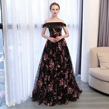 

Plus Size Summer dresses XS -4XL Black Boat Neck Off Shoulder Backless Floral Print Night Dresses Woman Floor Chiffon dress