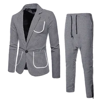 

Mens Slim Lattice Suits Male Business Casual Groomsman Two-piece Suit Blazers Jacket Pants Trousers Vest Sets One Button Suit