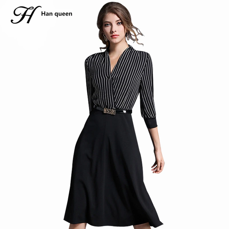

H Han Queen 2017 Women Vintage 3/4 Sleeve Fashion Stripe Patchwork Black Long Dress Elegant Vestidos Casual V-neck Party Dresses