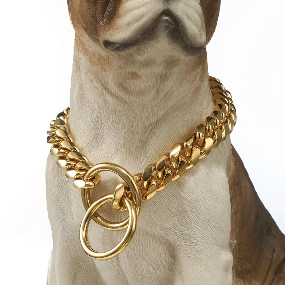 Betty Shop Dog Chain Collar Gold Tone 316L Stainless Steel Cut Curb