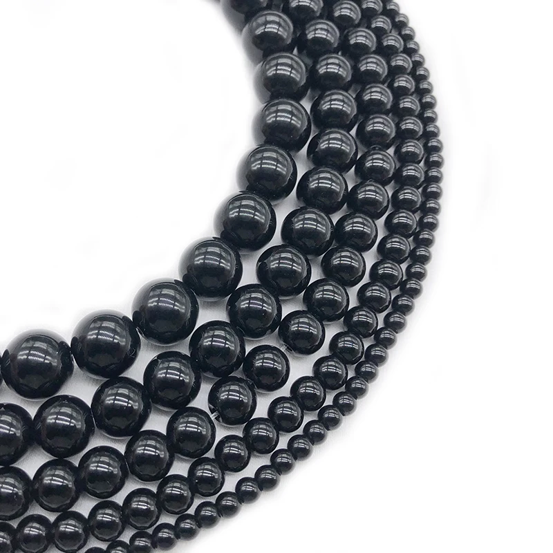 Natural Stone Beads Smooth Black Agates for Jewelry Making Diy Bracelet Necklace 15inches Round Onyx Loose Beads 4 6 8 10 12mm
