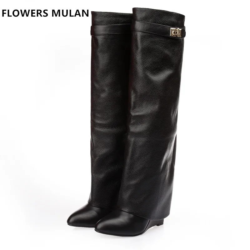 

Autumn Winter Shoes Fashion 2017 Motorcycle Boots Pointed Toe Metal Lock Leather Booties Women Wedge Knee High Boots Black White