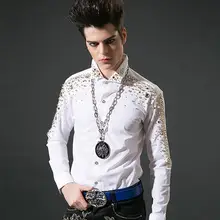 Мужская Новая мужская рубашка с длинным рукавом тонкий мужской тренд рубашки футболка со стразами певица костюмы одежда