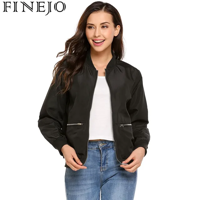 FINEJO Classic Jacket Women Stand Collar Pocket Spring Autumn Solid Loose Ladies Jackets Waist