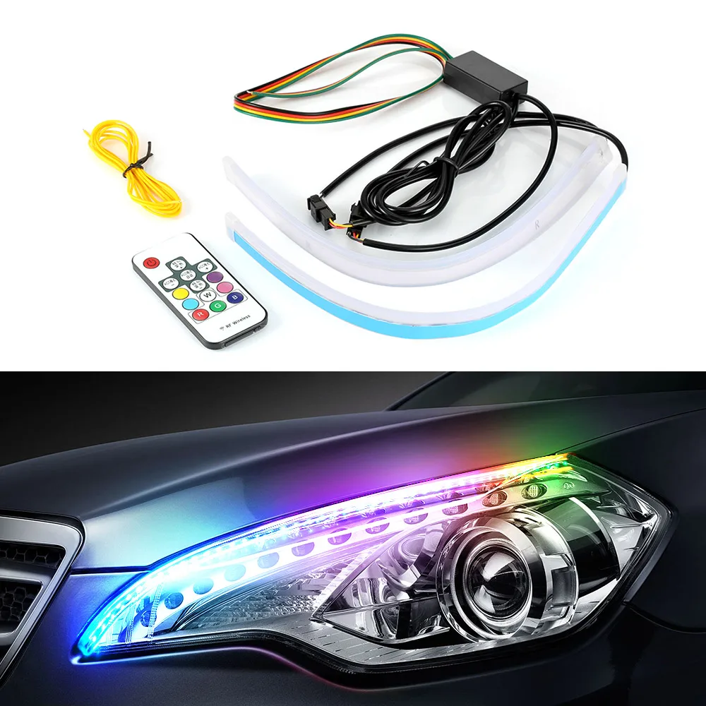 

2019 New RGB Slim Sequential Flexible LED DRL For Headlight Strip Daytime Running Light with Remote Control 12V RGB Dynamic DRL