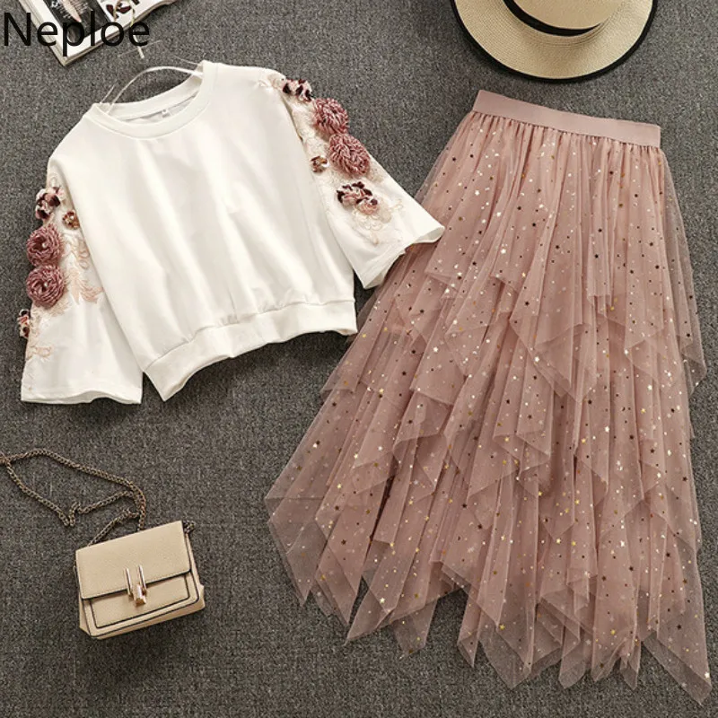 

Neploe Chic Summer 2019 Women Outfits Flower Embroidery Three Quarter Sleeve T Shirts+Mesh Sequined Skirts Fashion Suit 43621