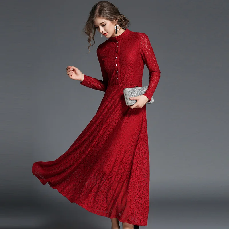 ShejoinSheenjoy Autumn Stand Hollow Lace Long Sleeve Dress Women Winter Red Buttons A-Line Party Dresses Black Women Long Dress (17)