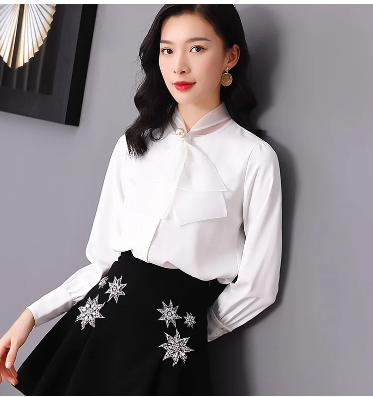 Высокое качество блузка 2019 весна лето Модная белая черная блузка женская Бисероплетение бант Лоскутная рубашка с длинным рукавом Blusas Feminino