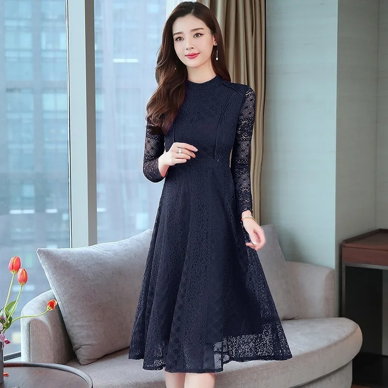 

Women Casual Lace Dress New 2019 Summer Autumn Fashion Stand Collar Long Sleeve Elegant Slim A-line Party Dresses Vestidos
