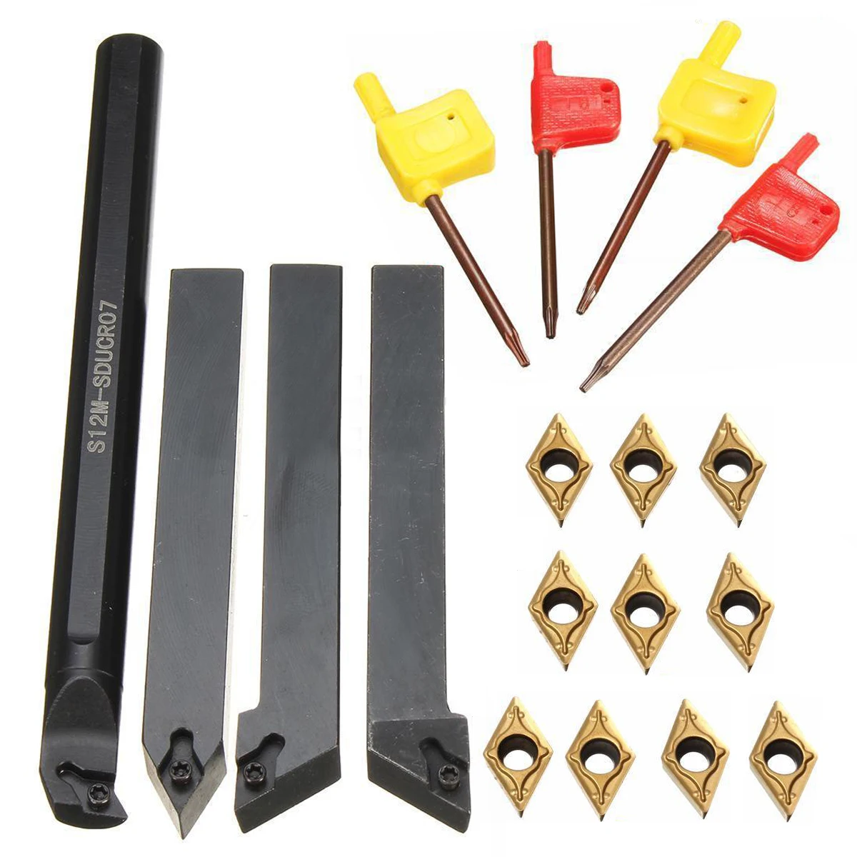 4pcs Mayitr Lathe Boring Bar Turning Tool Holder 12mm Shank Diameter + 10pcs High Hardness DCMT0702 Carbide Inserts+ 4pcs Wrench