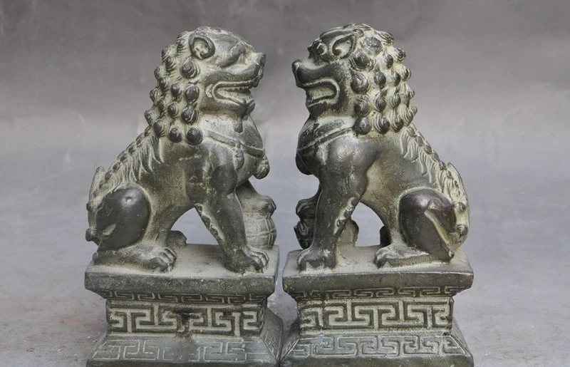 

6"old china bronze fengshui Foo fu dog lion beast Evil Guardian Door statue pair