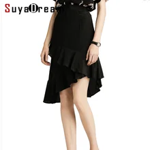 Женская шелковая юбка натуральная шелковая блиновая черная юбка с высокой талией по колено юбка с оборками Весна Лето Новая Офисная Женская
