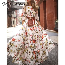 Miguofan Bohemian Maxi Dress Women White Floral Print Half Sleeve Loose Boho Dresses Casual Summer Dress Vestidos Female