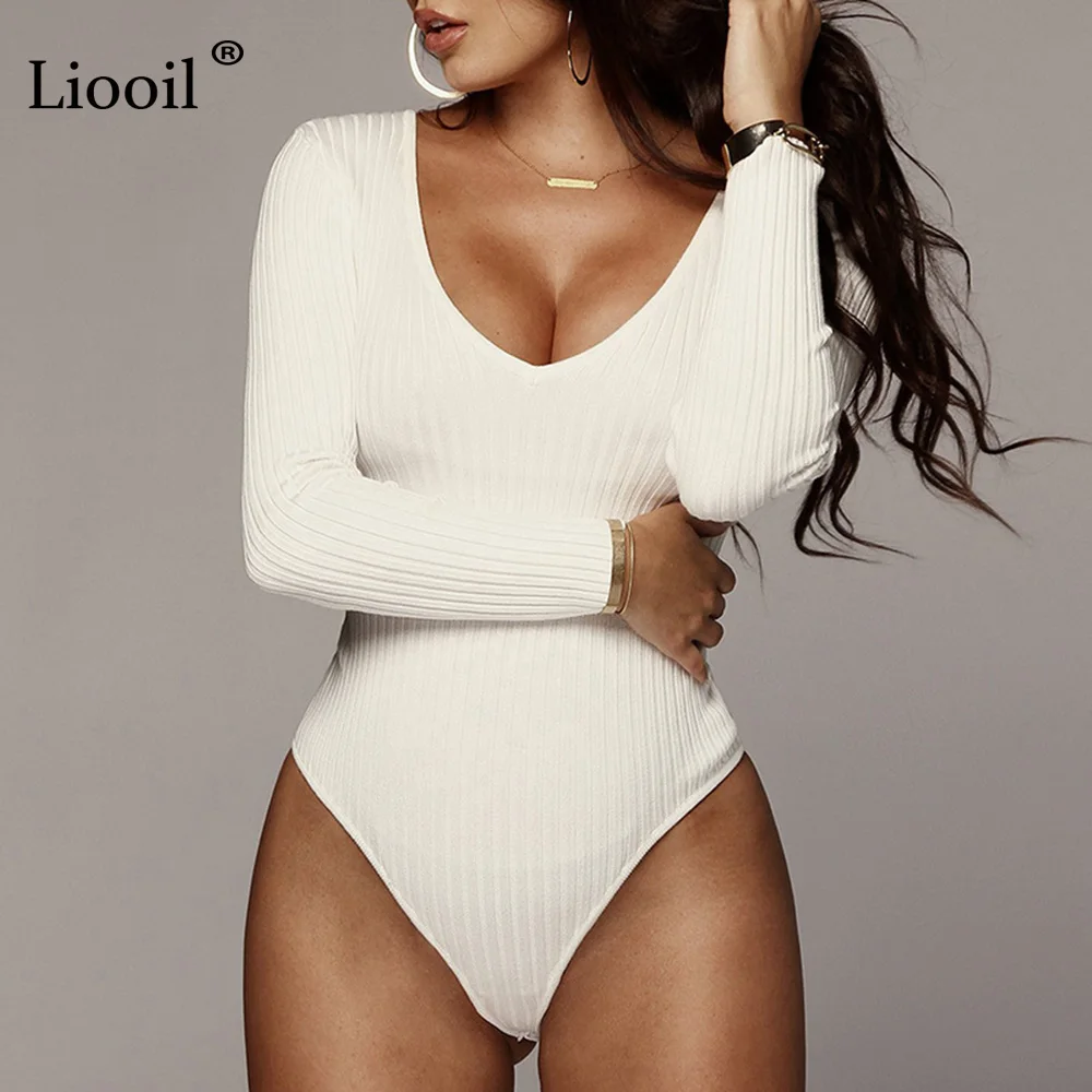 Liooil Сексуальная Bodycon вязаные комбинезоны черный, белый цвет Комбинезоны для Для женщин 2019 Весна длинным рукавом с v-образным вырезом