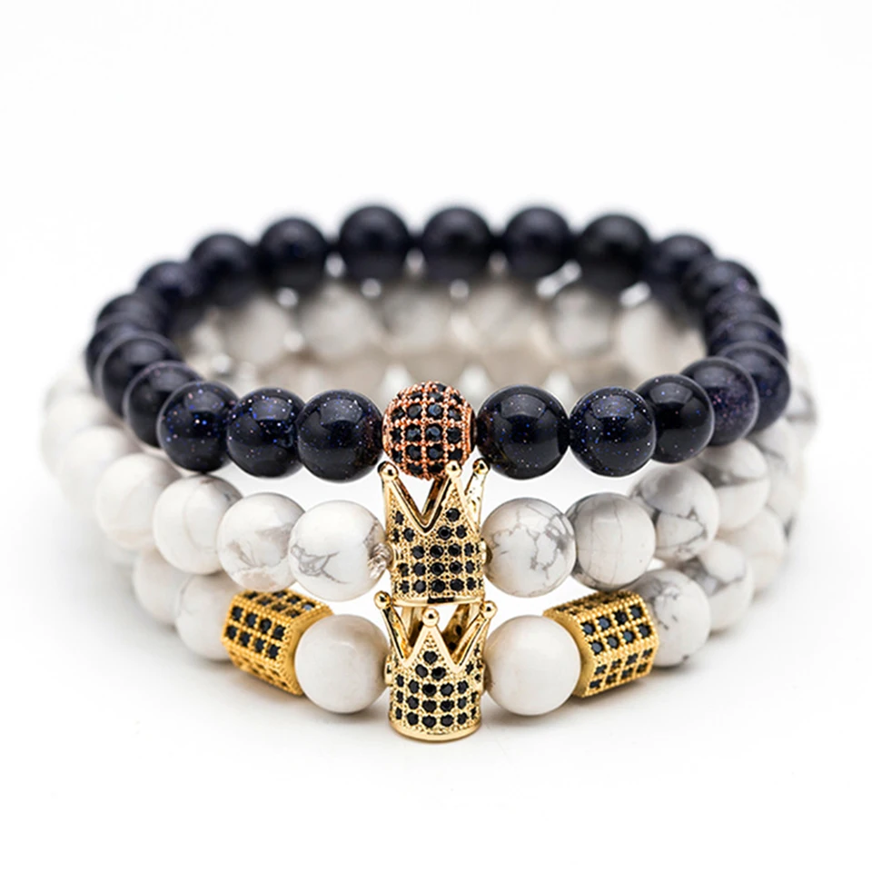 

8mm blue pink Cat Eye Beads Bracelet with White Natural Stones Charms Strand Bracelets for Women Zircon Crown Bracelets&Bangles