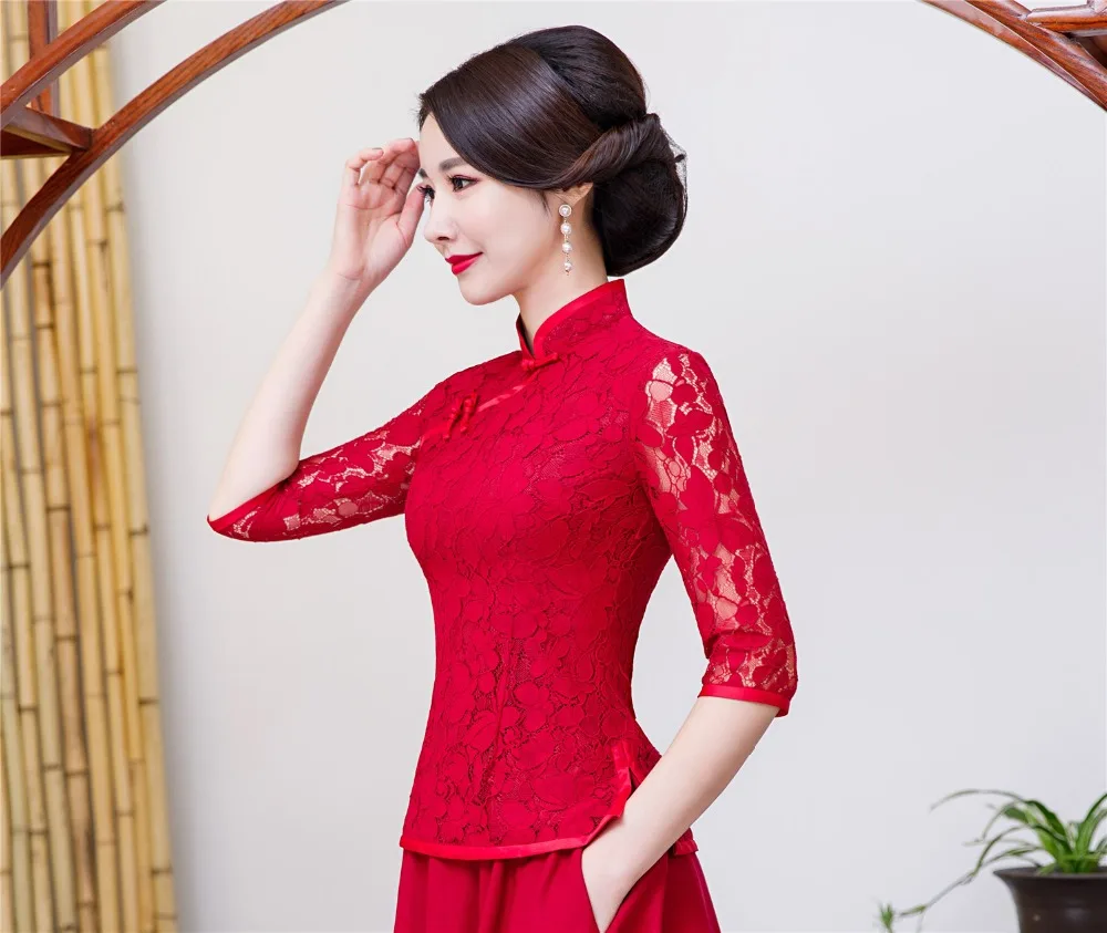 Шанхай история Кружева Cheongsam рубашка Qipao Топ 3/4 рукав китайский традиционный Топ Кружева китайская блузка для женщин