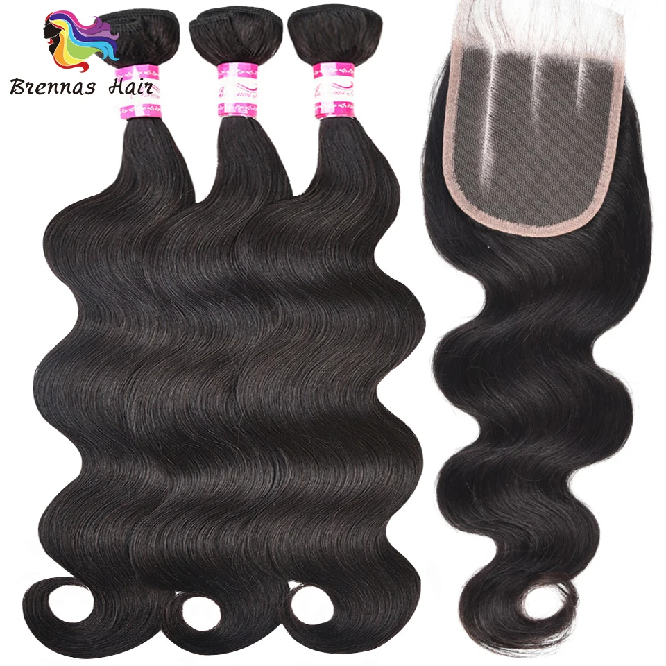 

Indian Body Wave hair bundles 3pcs with a 4*4 lace closure/pack 100% Human Remy Hair Bundles machine double weft 8-26inch