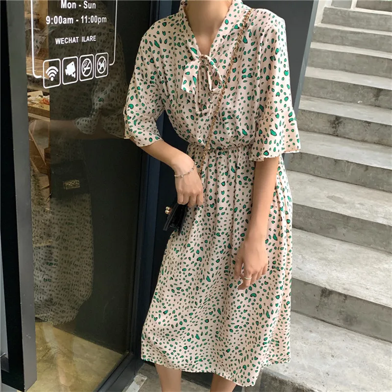 

Women Summer Dress Cute Printed Short Sleeve Bow Elegant Ladies Mid-calf Chiffon Dresses A-line Empire Casual Women Clothing