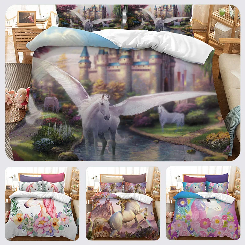 

3D watercolor unicorn quilt cover bedding set Duvet Covers Pillowcases comforter bedding sets unicorn Children Room decor