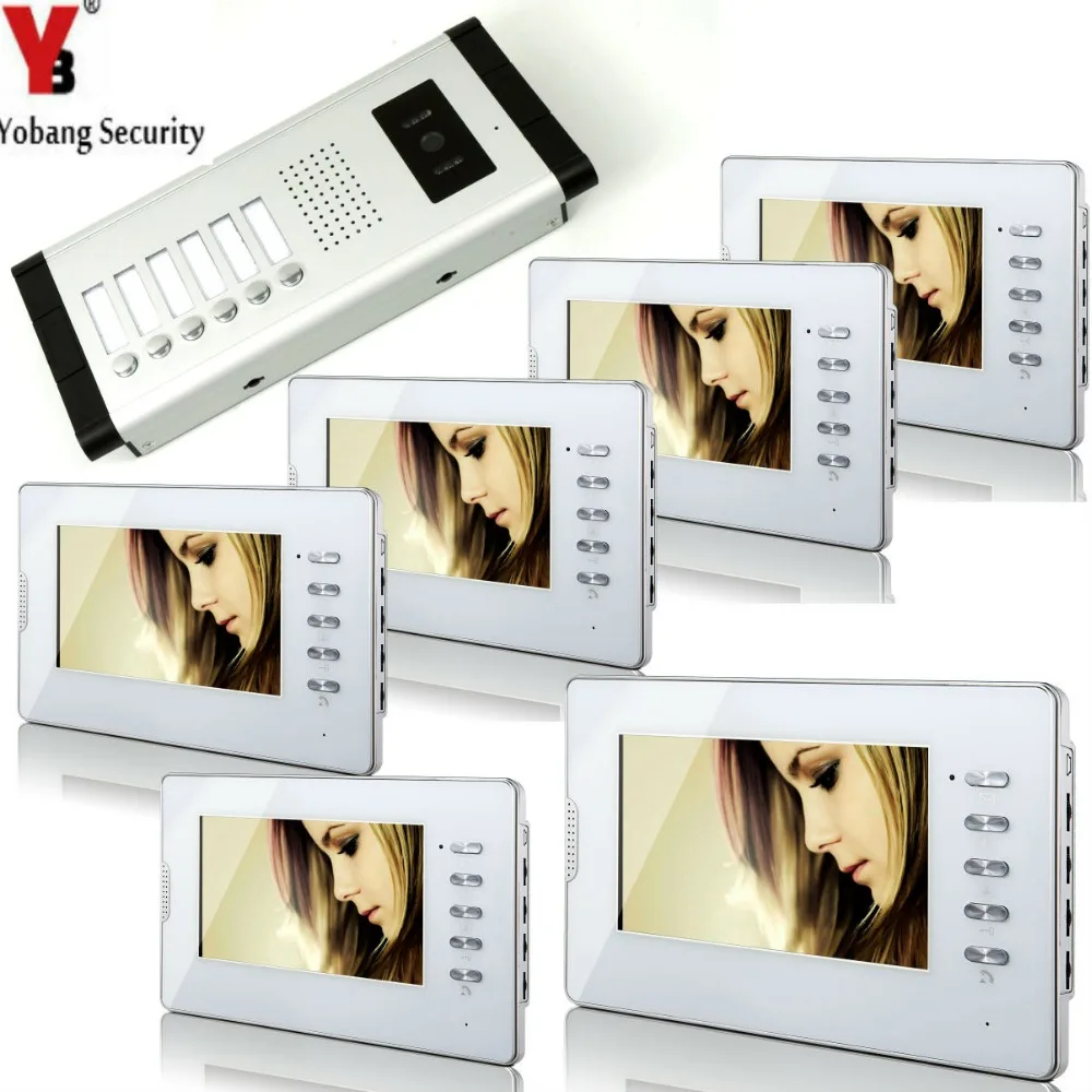 

Yobang Security Waterproof Video Intercom System 7''Inch TFT LCD Wired Camera(6 button) to 6monitor Monitor for Multi Apartments