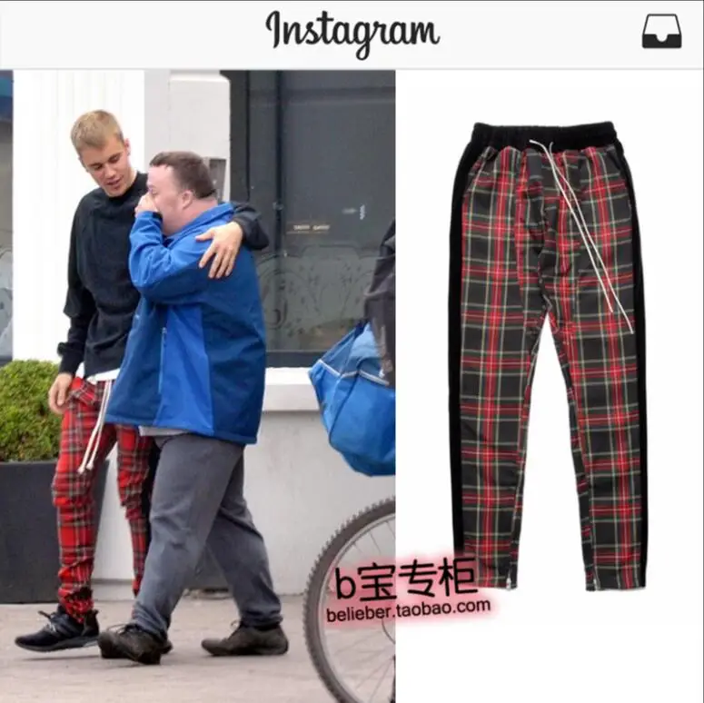 

New 2018 Justin Bieber men's clothing All-match Red Plaid hit edge casual pants trousers plus size stage singer costumes