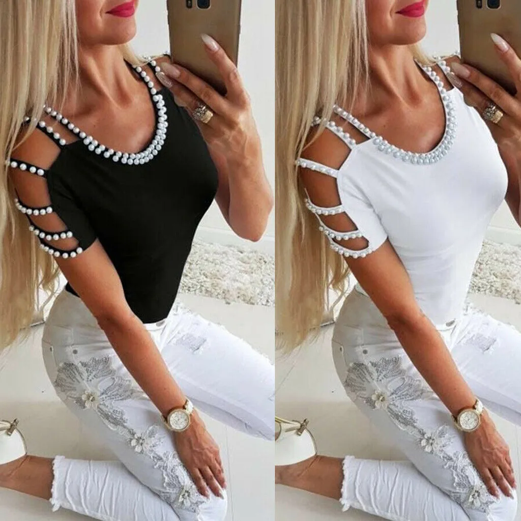 

Women's T Shirt Sexy Elegant Cold Shoulder Tops Beading Crew Neck Modis Office Ladies Short Sleeve Casual Tee Shirt Femme#ss