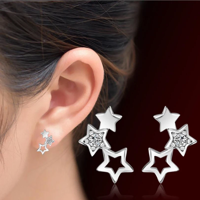 

Fashion 925 Sterling Silver Women's Jewelry Fashion Cute Tiny 3 Star Stud Earrings Gift For School Girls Kids Lady 5Y138