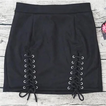 

Black Suede Skirts Women Casual High Waist Autumn Winter Lace Up Bandage Bodycon Pencil Skirt Night Club Party Mini Skirts Jupe