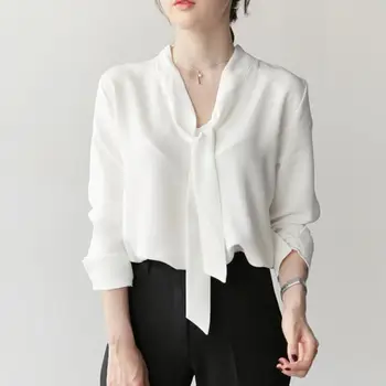 

Women Chiffon Blouses Shirts Lady Casual Long Sleeve Bow V-Neck Long Blusas Plus Size xxl