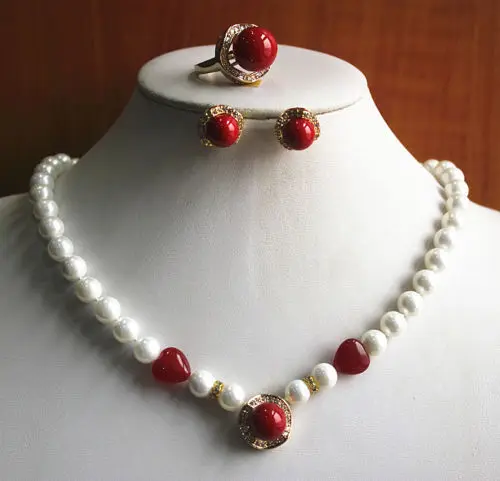 

hot sell new - Charming Women'S White And Red Pearl Necklace Earring Ring(7/8/9)Jewelry Set