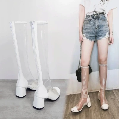 European and American 2019 new star with the same brand name crystal transparent boots, PVC square head retro Dance Shoes