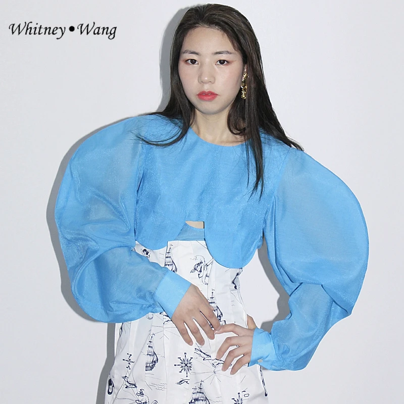 WHITNEY WANG/ Весенняя модная уличная дизайнерская стильная сетчатая блузка с рукавами-буфами, женские блузы, рубашки для девочек, топы