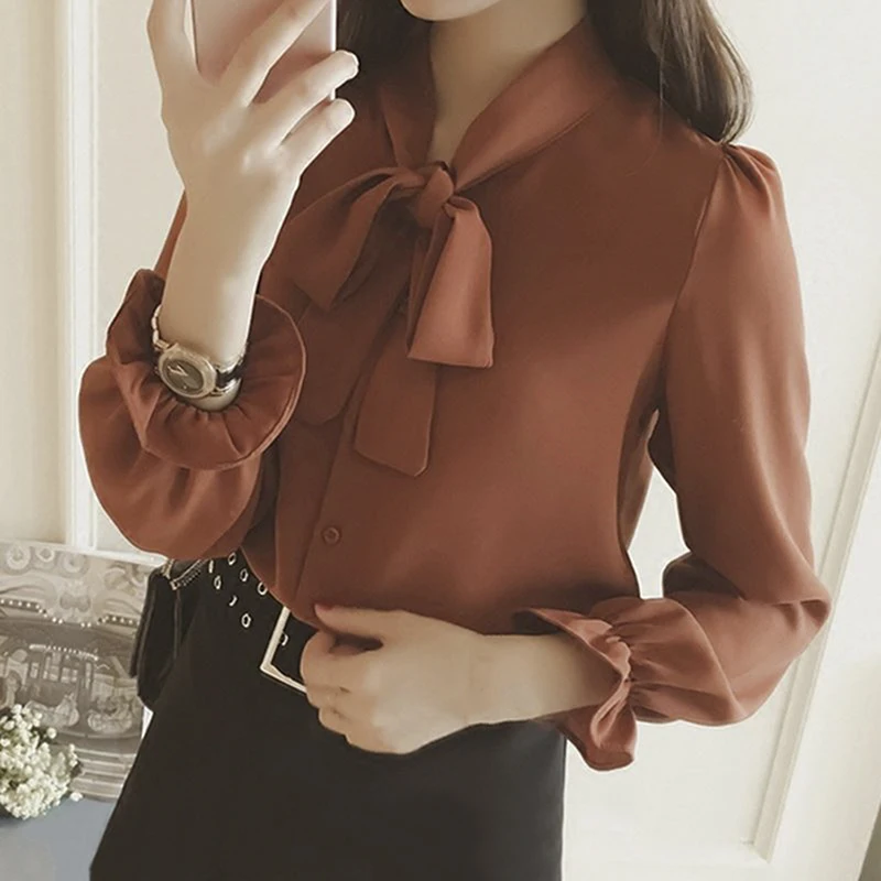 

Elegant Bow Tie Women Chiffon Blouse Shirts Spring Ladies Solid Long Sleeve Casual Blouses Vintage Tops