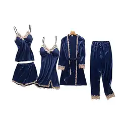 Женская летняя Домашняя одежда Ice Silk 5 шт. Cami & Shorts & Nighty & Robe & брюки пижамы костюм сексуальное ночное белье кружевная бейка неглиже M-XL