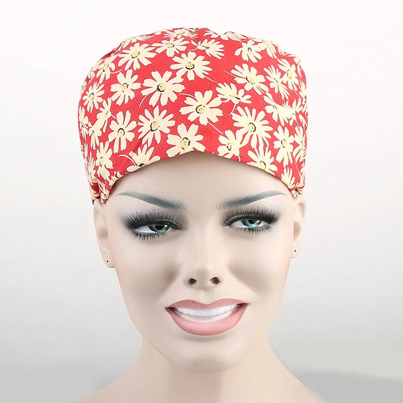 surgical scrub caps ,lab caps, 100 cotton in red with flowersin