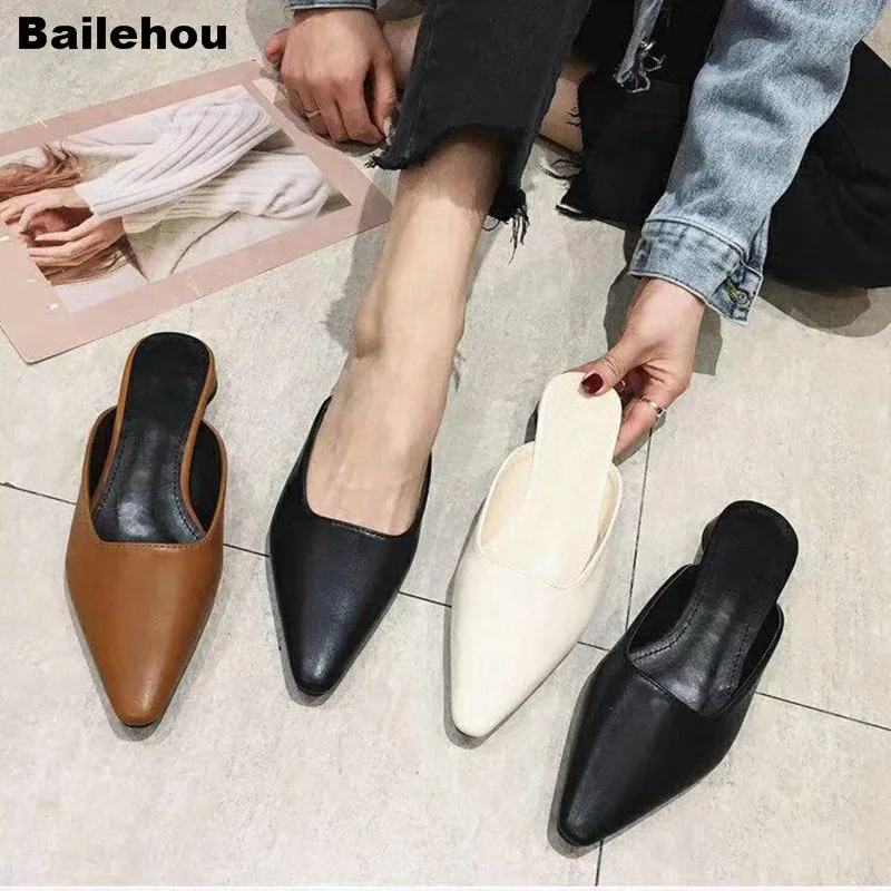 

Bailehou 2019 New Spring Women Slippers Pointed Toe Low Heel Mule Shoes Slip On Slides PU Leather Casual Shoes Summer Flip Flops