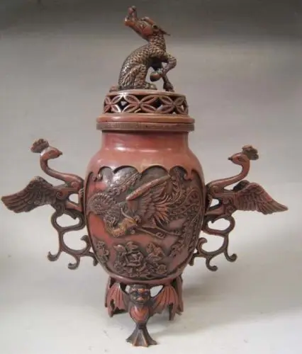 

12" Chinese Purple Bronze Dragon Phoenix Incense Burner Censer