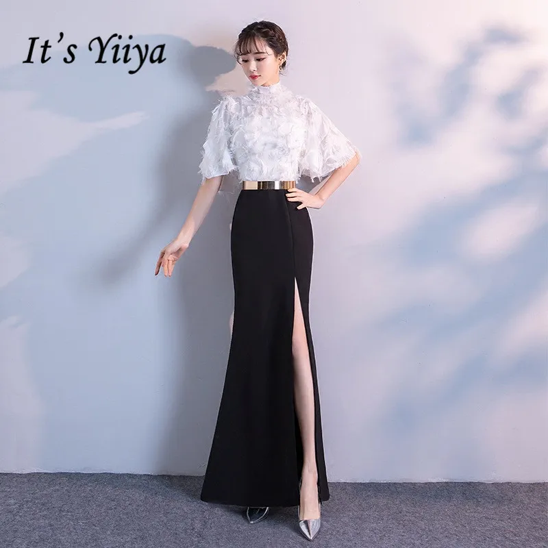 Это YiiYa вечернее платье белое черное пэтчворное платье длиной до пола на молнии с разрезом труба Формальные платья XH014 robe de soiree
